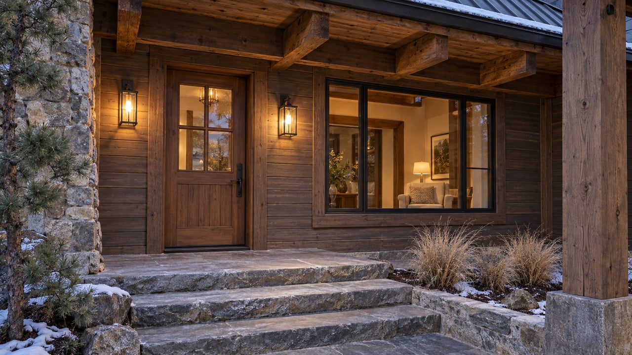 Timber home entrance at blue hour with paired warm sconces, quartzite stonework and broad flagstone steps.