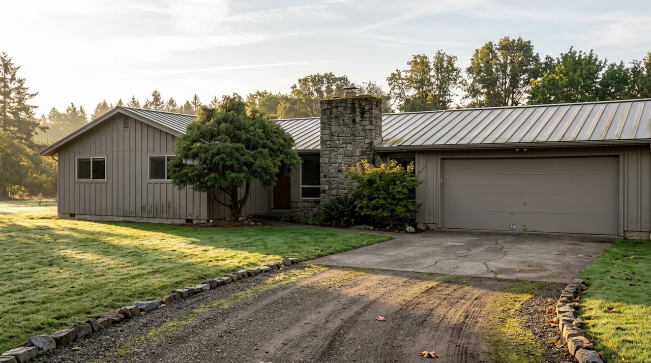 Gray single-story house with a stone chimney and matching hangar wing, beyond a curving gravel drive and broad lawn.