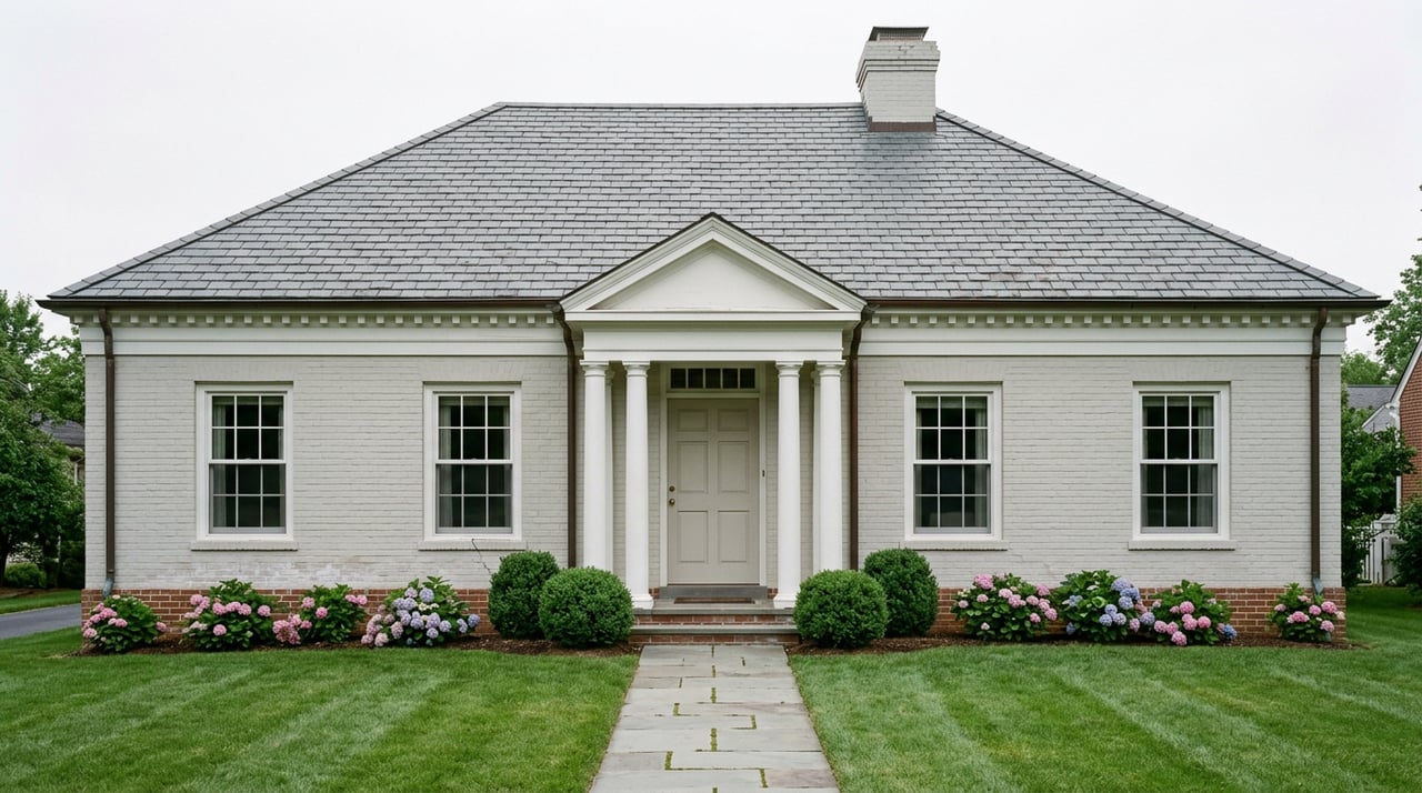 Symmetrical painted-brick Georgian Revival house with a columned portico, slate-gray roof, hydrangeas, and a dogwood tree.