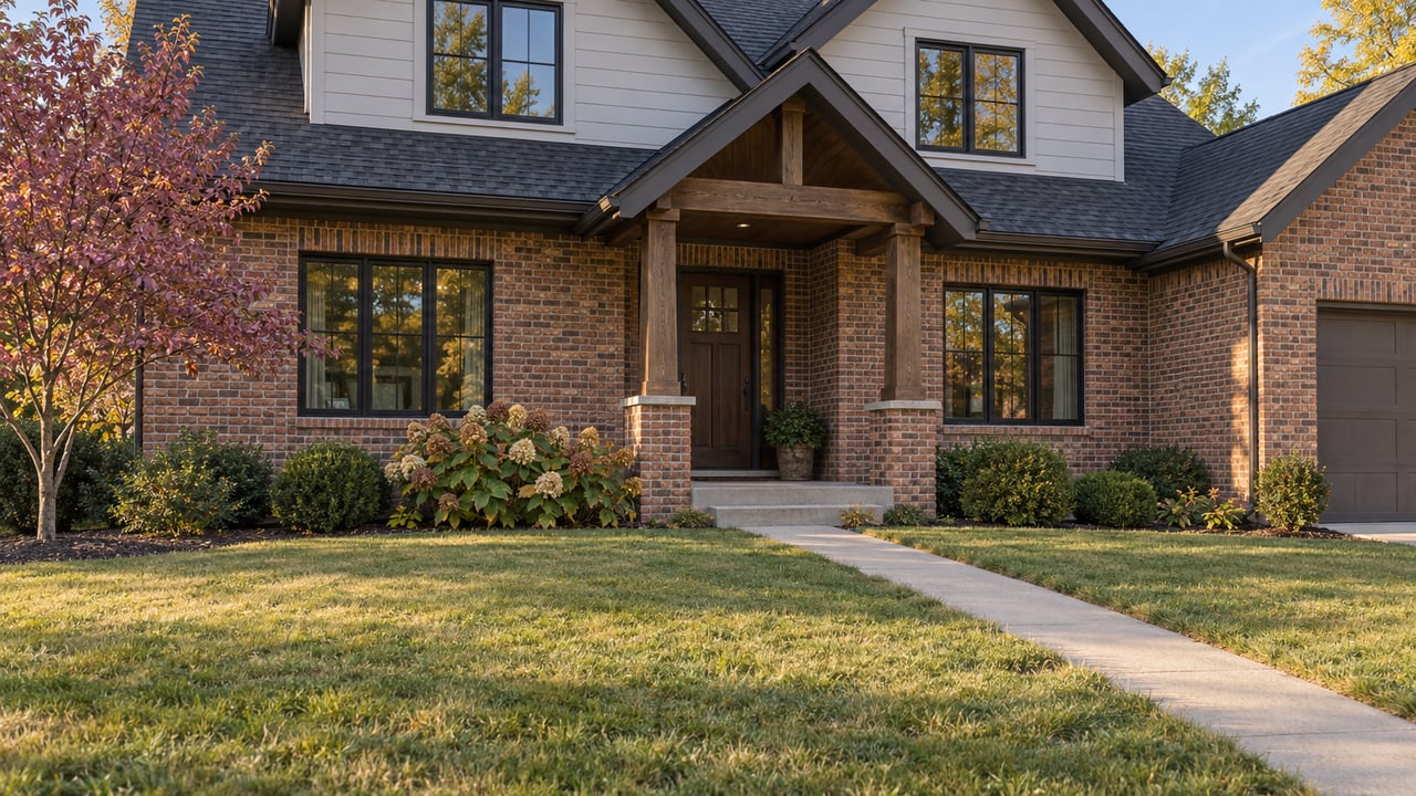 Brick suburban house with a timber porch, broad lawn, young tree, and bronze-leaved shrubs in morning sun.