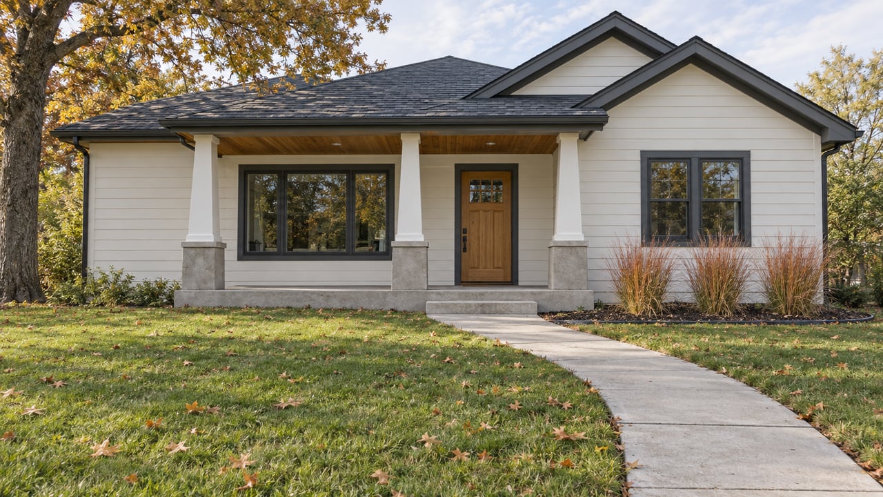 Cream-sided home with a cedar-soffit porch, oak front door, deep autumn lawn, and a spreading oak tree.