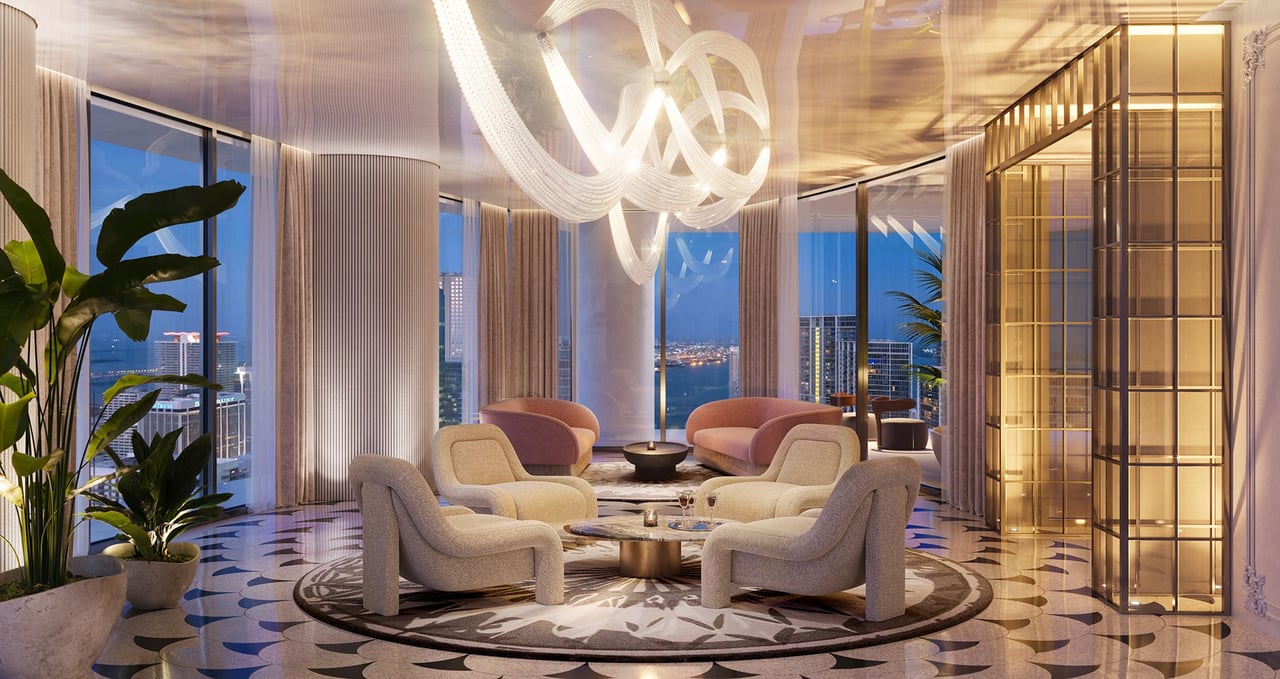 Residents Lounge rendering at Baccarat Residences in Brickell, Miami.