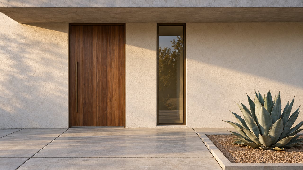 Desert-home entry with a walnut pivot door, narrow bronze-framed window, and a single agave in a gravel bed.