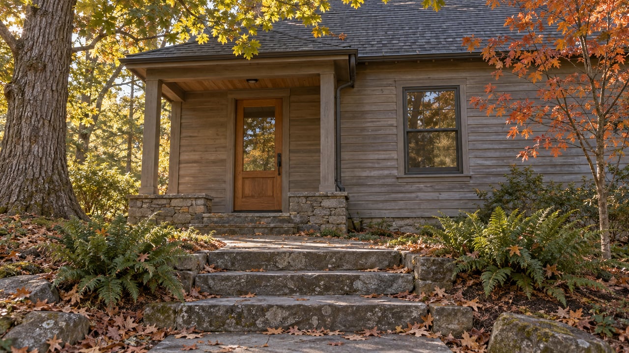Cedar-clad hillside house with a roofed porch, stone steps, and autumn leaves beneath an oak canopy.
