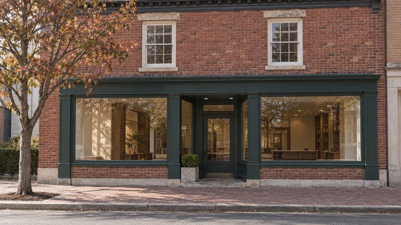 Two-story red-brick building with a deep-green storefront, sash windows, and a small tree beside the sidewalk.