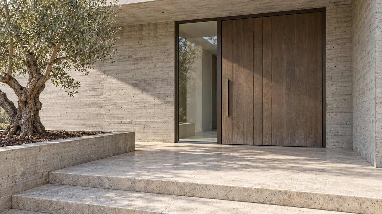 A recessed wood entry door and tall sidelight beneath a concrete canopy, with broad limestone steps and a sculptural olive tree in a raised planter.