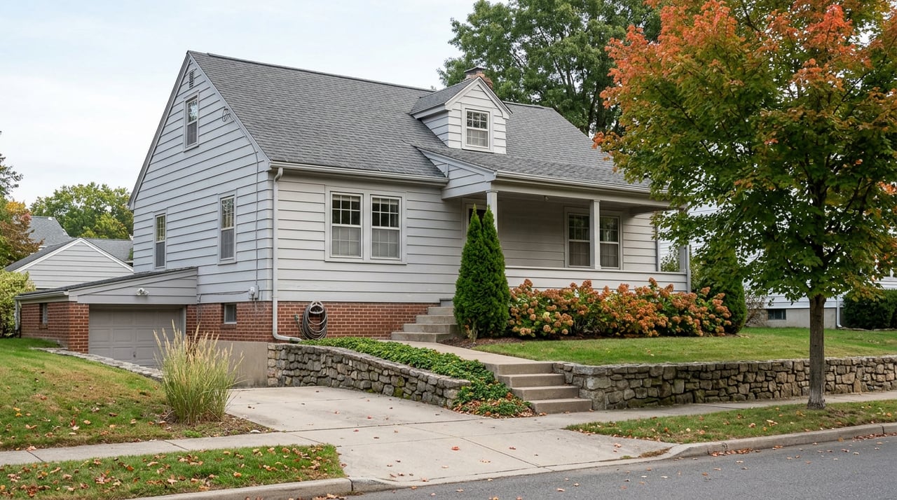 Gray two-story clapboard home with a fieldstone retaining wall, under-house garage, and orange-red autumn tree.