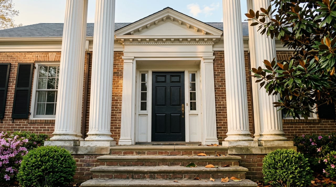 Brick entry portico with white fluted columns, black door, and fallen magnolia leaves on the steps.
