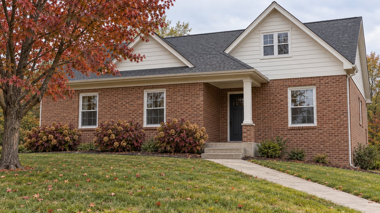 Brick and white-sided home behind a gently sloping autumn lawn, with a copper-red maple and a concrete entry walk.