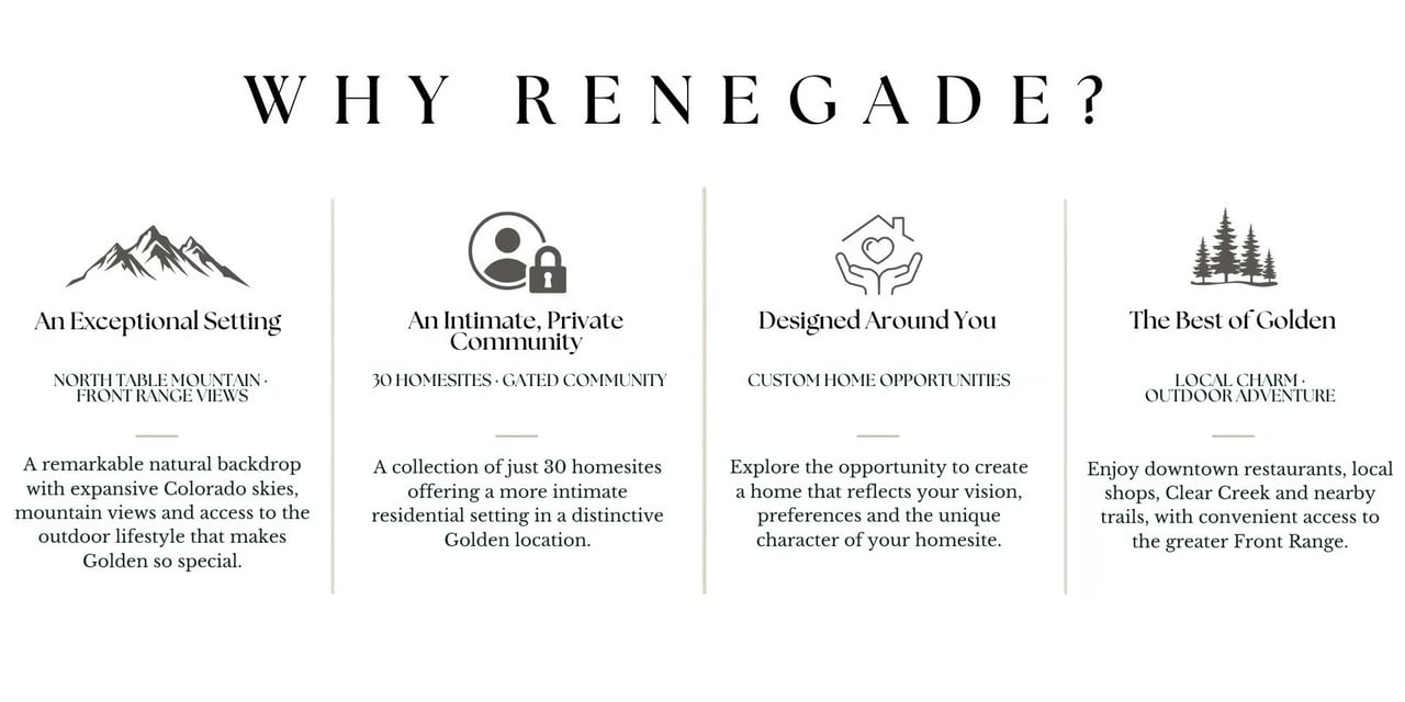 Renegade community infographic highlighting mountain views, private homesites, custom homes, and Golden amenities.