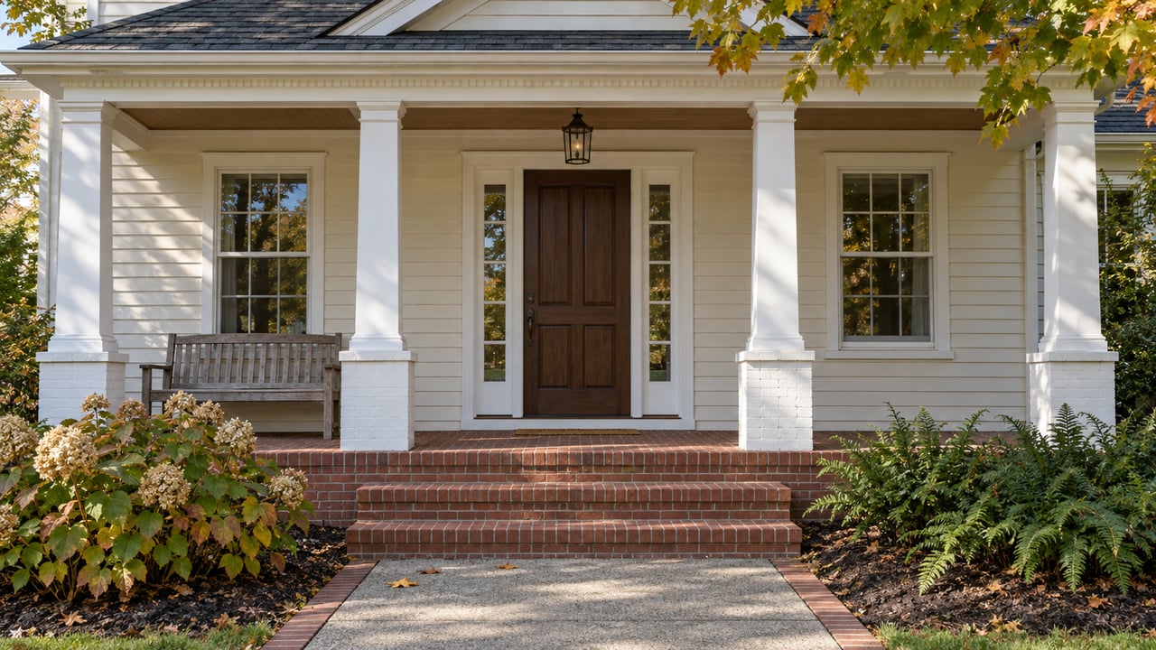 Cream clapboard home with a shaded brick porch, dark wood entry door, white sash windows and autumn planting beside broad brick steps.