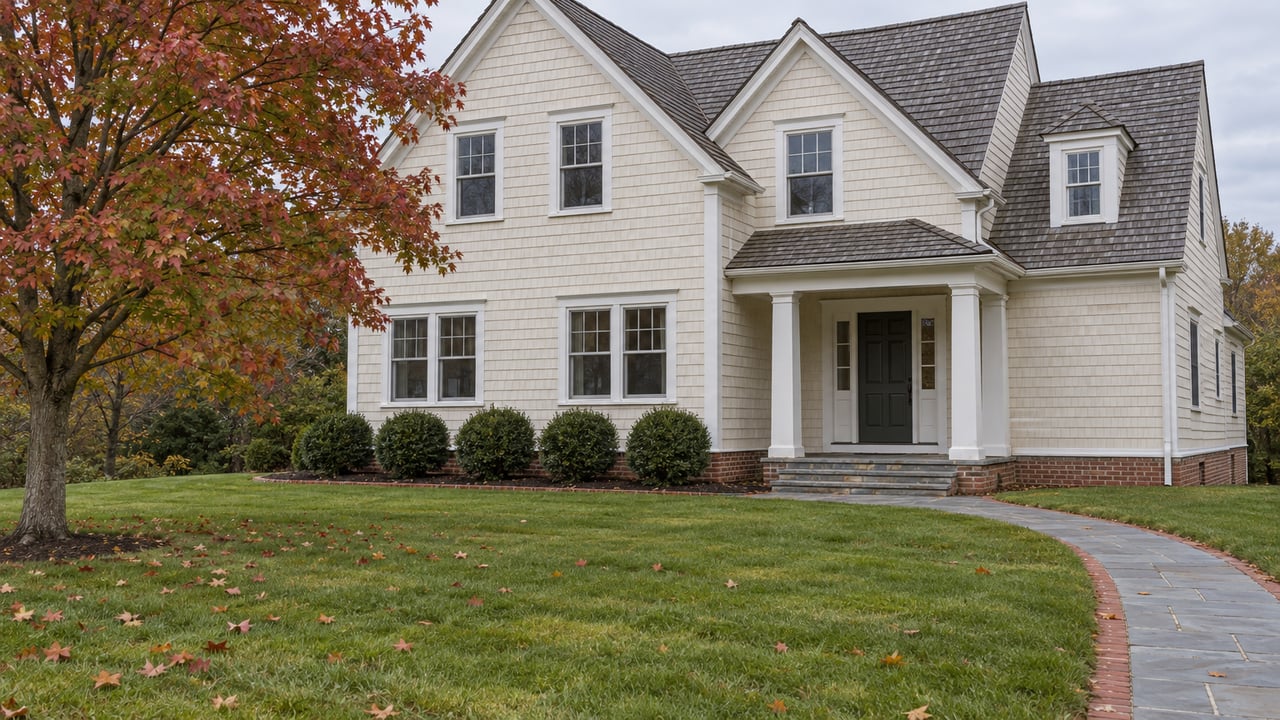 Cream shingle house with steep gray roofs, white-trimmed windows and a stone entrance walk across an autumn lawn.