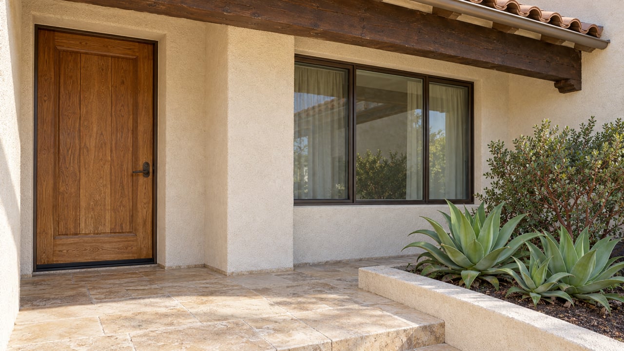 Sunlit stucco porch with a weathered oak front door, bronze-framed window, limestone paving and sculptural planting.
