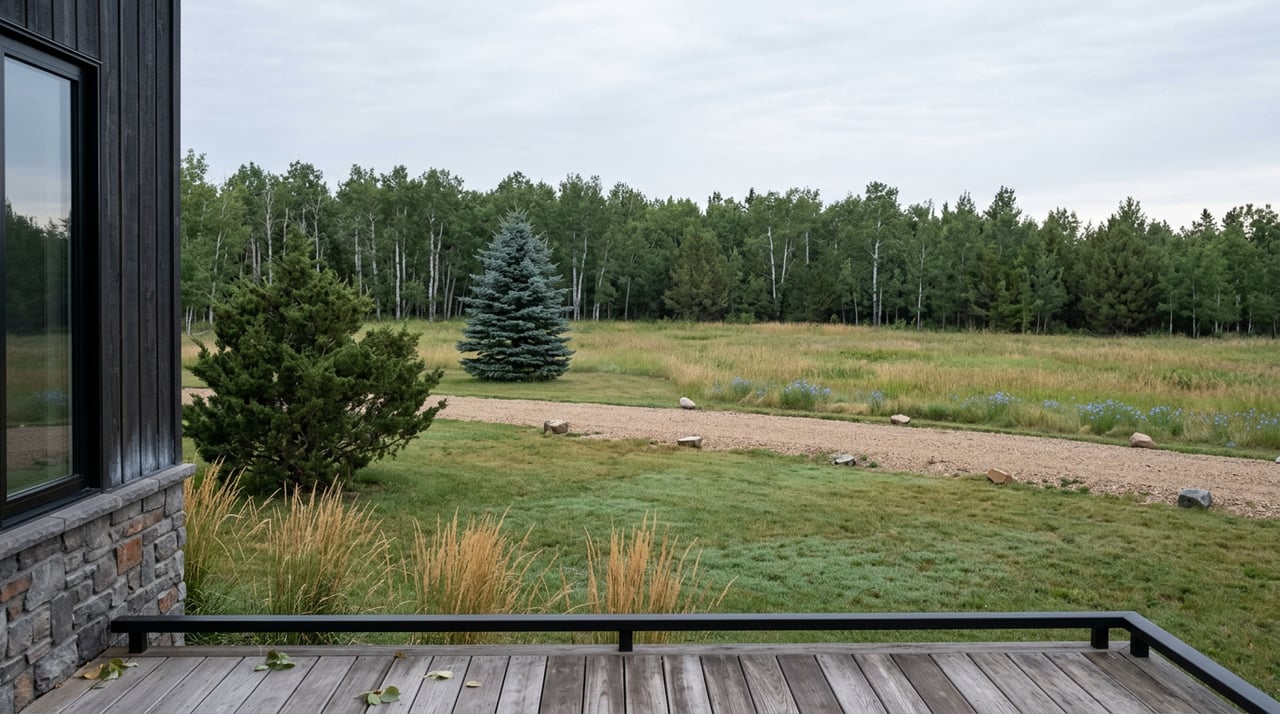 Elevated deck overlooking a sloped lawn, native grasses, specimen spruce, and an aspen-lined horizon.