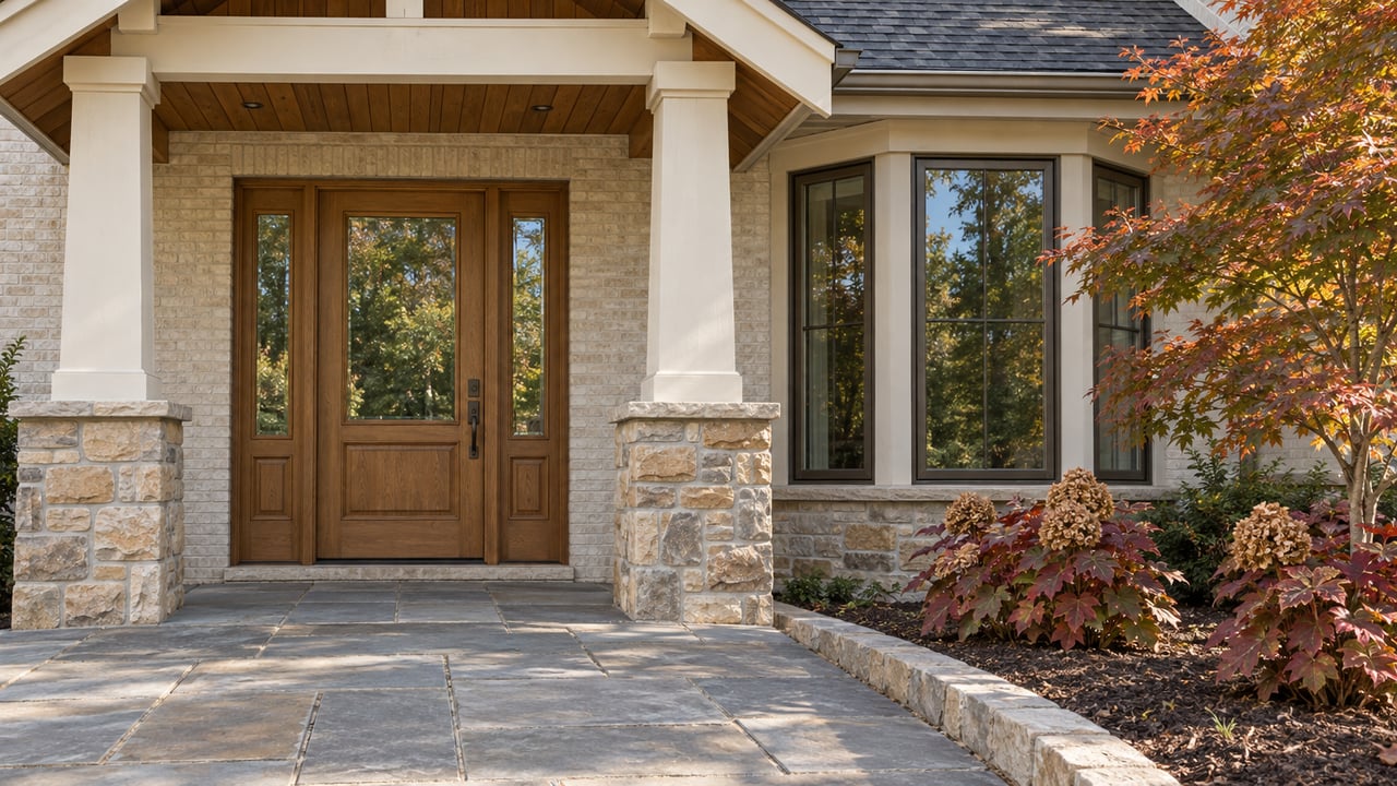 Stone and cream brick home entry with an oak door, bluestone landing and copper-red Japanese maple leaves.