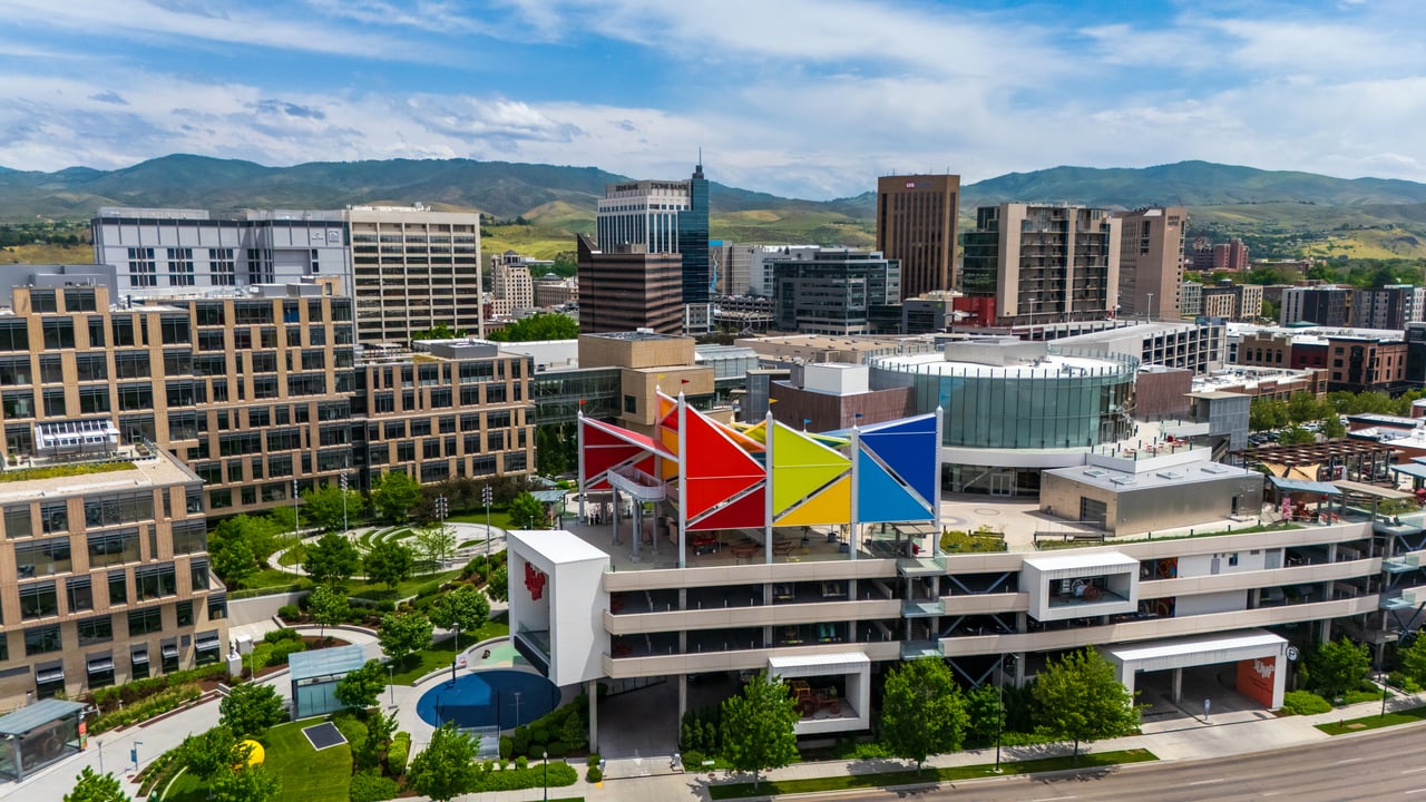 Downtown Boise and JUMP, with the foothills rising behind the city.