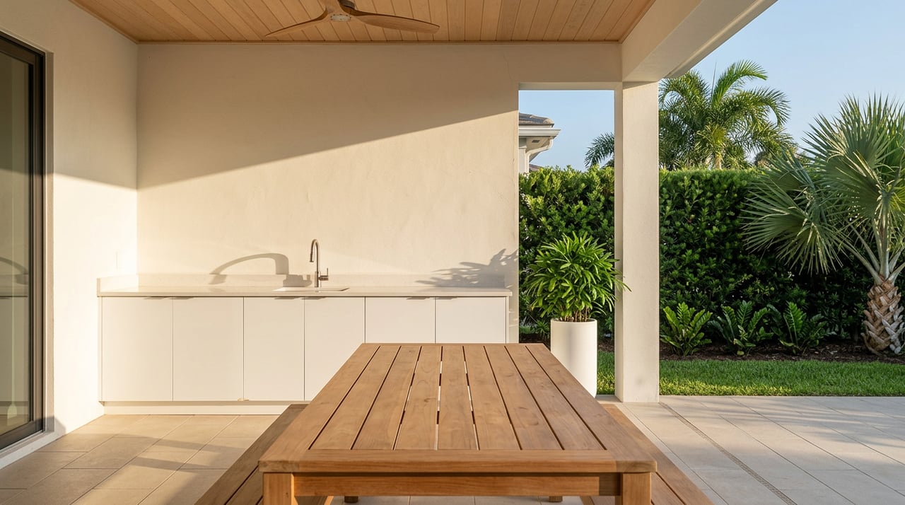 Teak dining table beneath a wood-slat pavilion, with a stucco wall, outdoor kitchen, and clipped hedge.