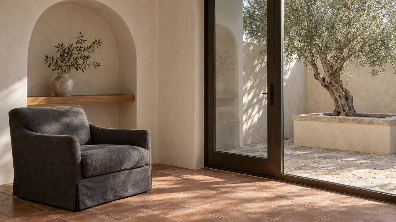 Living room with an arched sitting alcove, charcoal chair, and bronze-framed glass door opening onto a small courtyard.