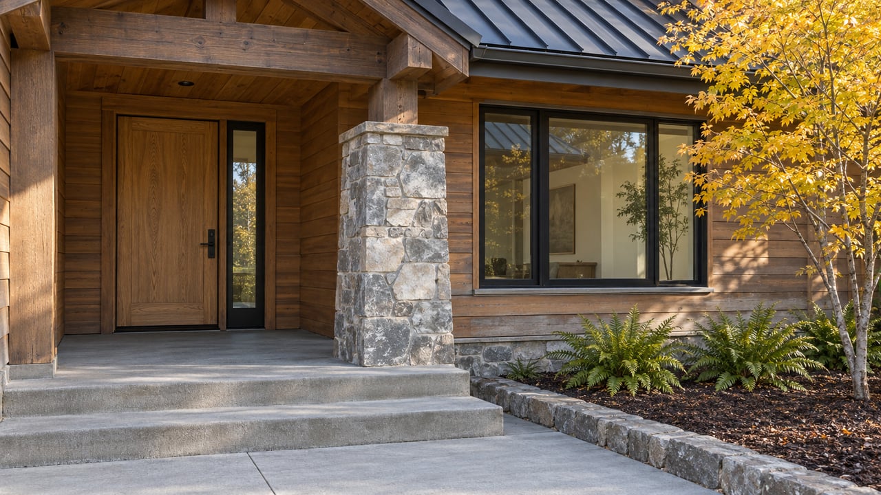 Timber-gabled home entry with cedar siding, a gray stone pier, oak door, and broad black-framed window beside autumn planting.