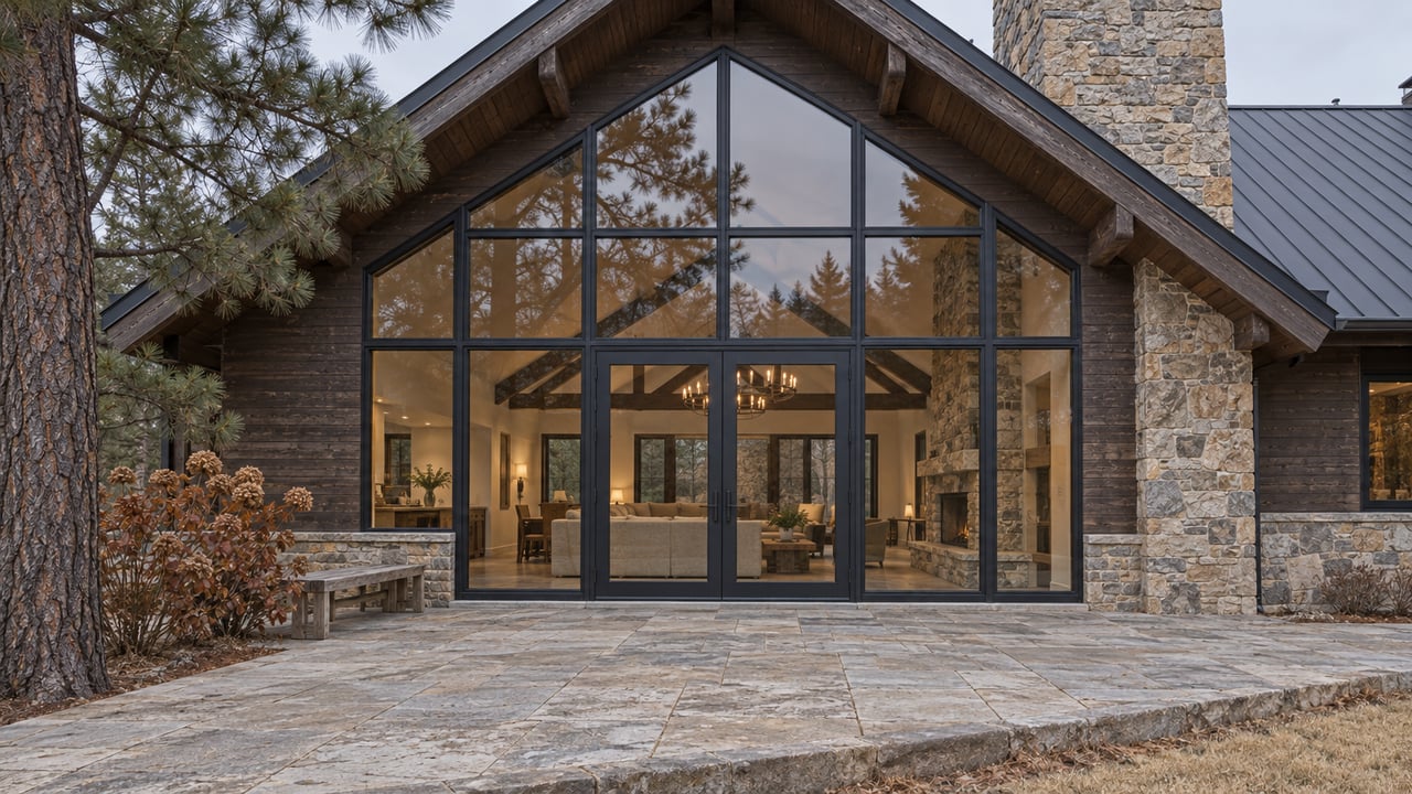 Winter light on a stone-and-timber home's glazed rear gable, with limestone terrace paving and a weathered teak bench.