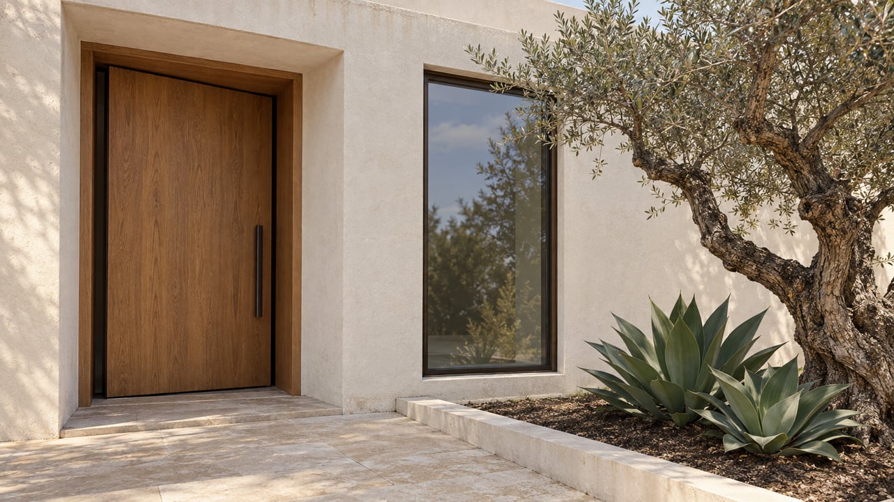 Cream stucco house facade with oak entry, bronze-framed window, olive tree, and two agaves.