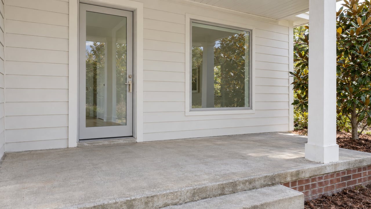 Pale-sided home's covered entry with closed glazing, a weathered concrete porch and a magnolia beside a brick-edged planting bed.