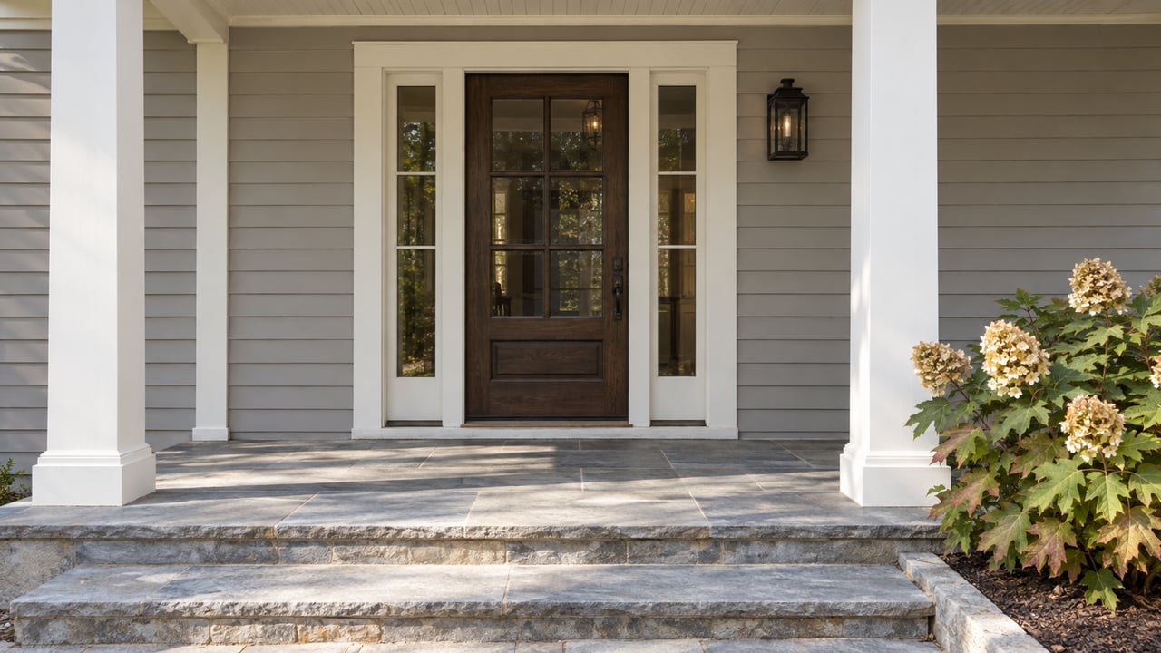 Light-gray clapboard entry with an oak glazed door, white porch columns, blue-gray stone steps and oakleaf hydrangea.