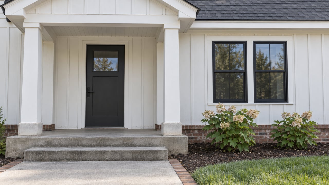 White board-and-batten home entrance with charcoal door, paired black windows, concrete steps and oakleaf hydrangeas.