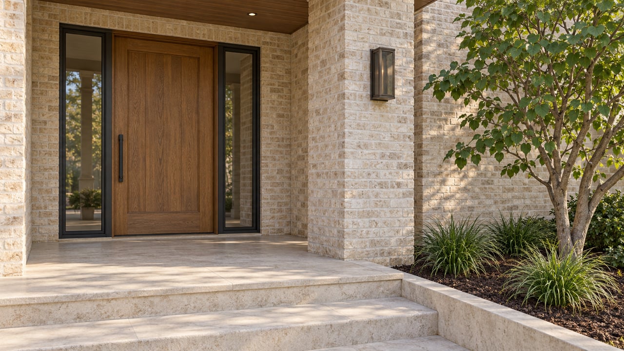 Close view of an ivory brick home entrance with an oak door, paired narrow sidelights, limestone steps and a specimen redbud.