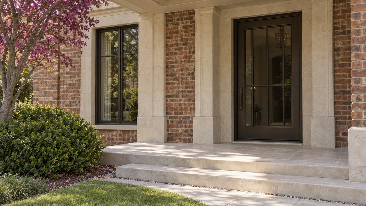 Brick home entry with a dark glass door, limestone steps, clipped shrub, and lawn