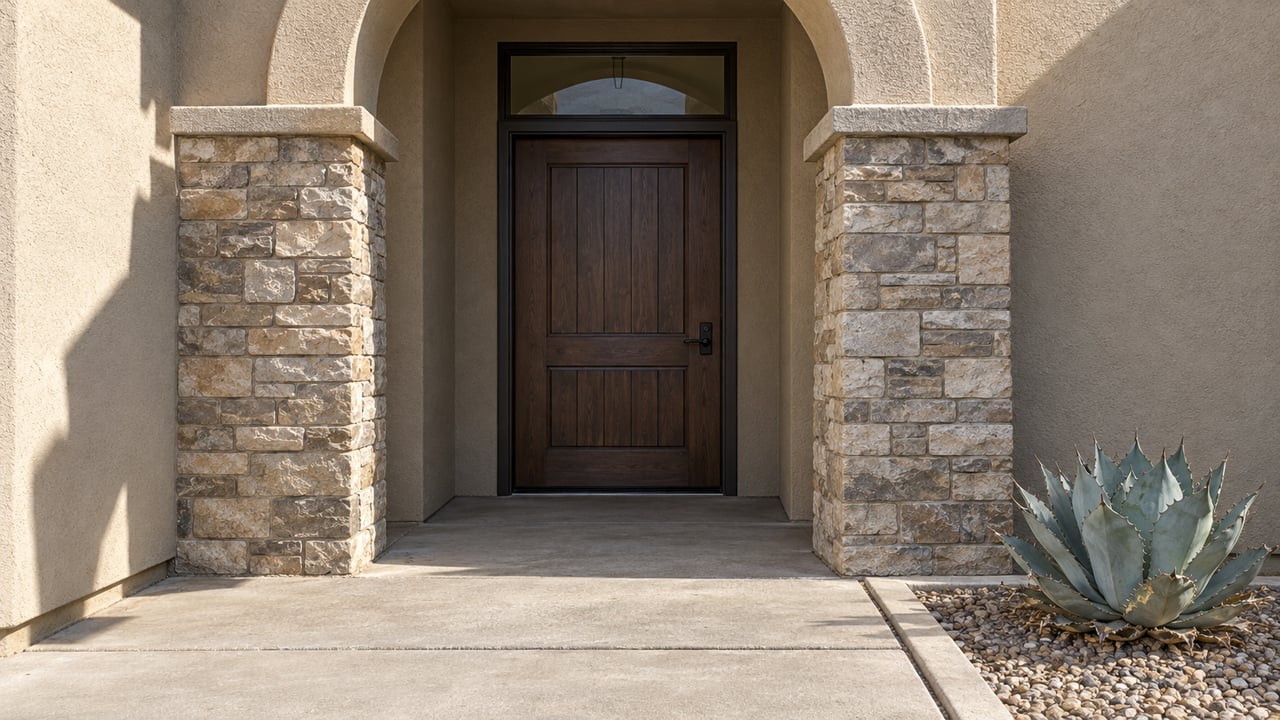 Recessed arched stucco entry with stone piers, a dark wood door, concrete approach and a blue-gray agave in a bordered gravel bed.