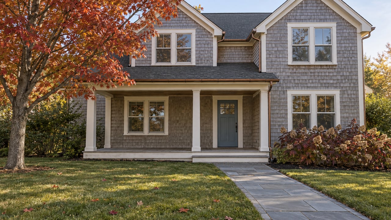 Cedar-shingled house with an ivory-trimmed porch, deep autumn lawn, bluestone walk and red maple.