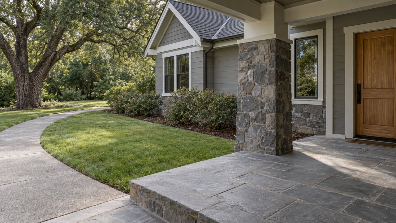 Covered stone porch of a gray-sided home overlooking a deep lawn and curving walk beneath a mature oak.