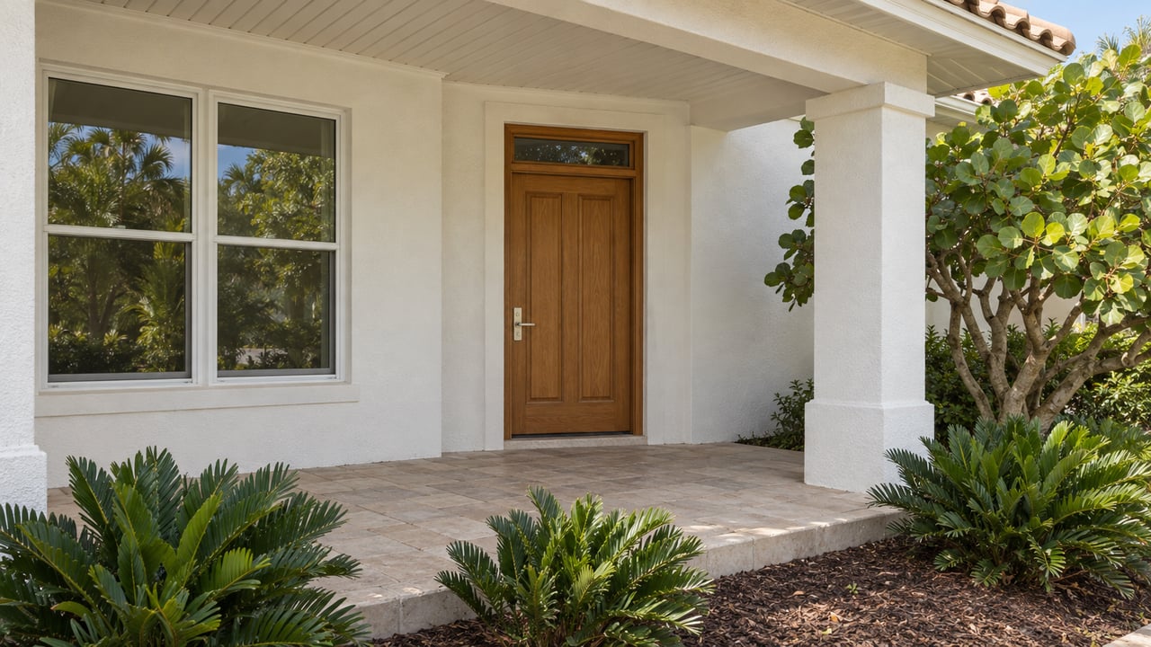 White stucco home with a covered entry porch, sand-colored pavers, paired windows and sculptural subtropical planting.