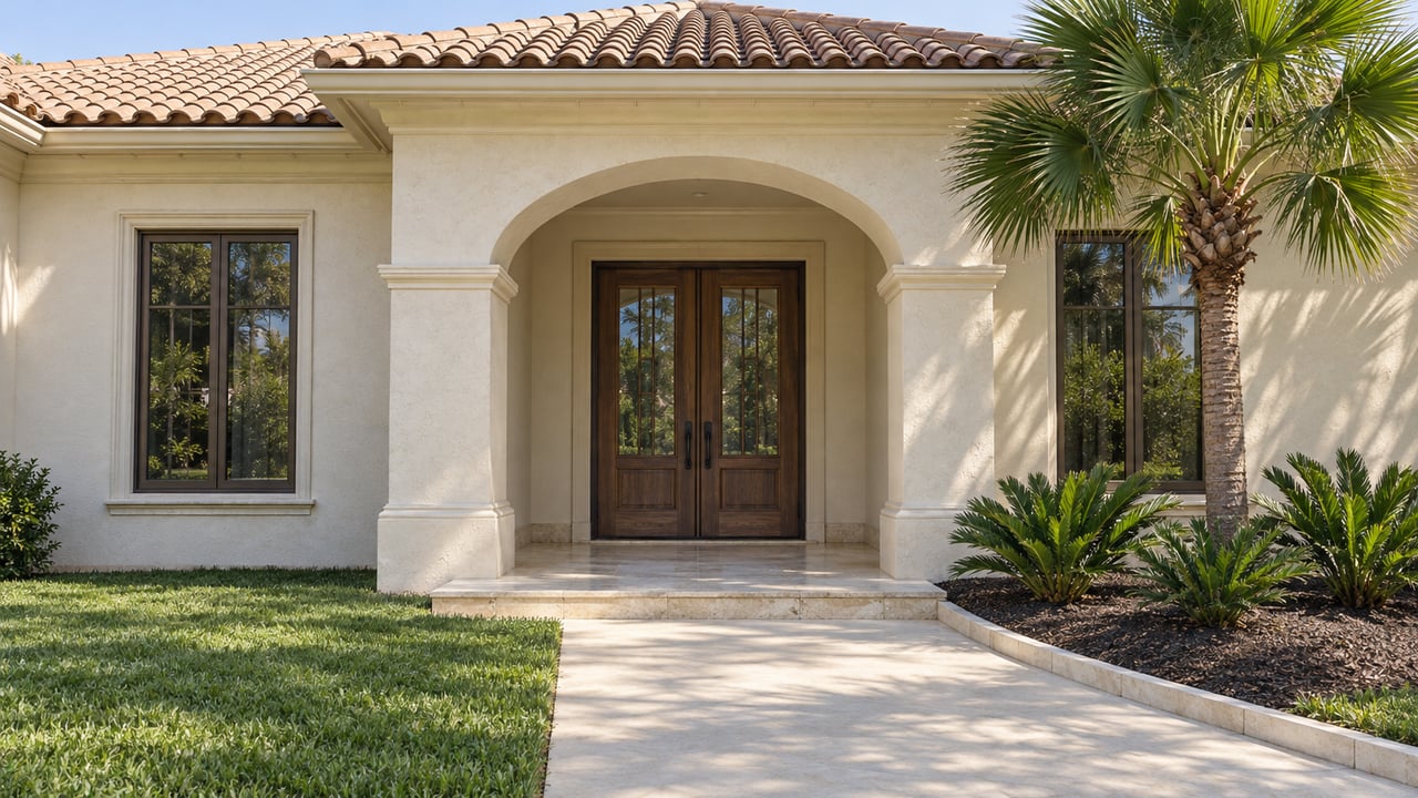 Ivory stucco estate entrance with a tiled hip roof, recessed walnut doors, limestone approach, and a sculptural fan palm.