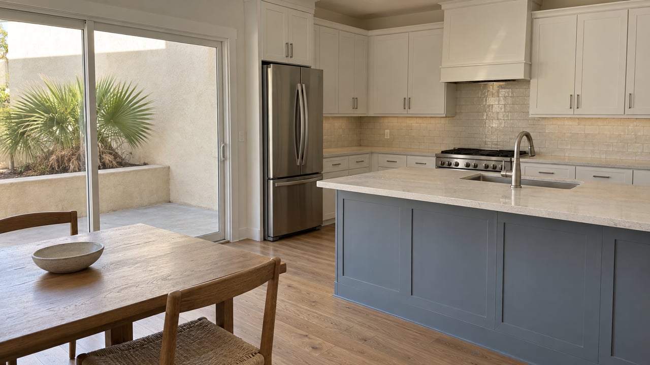 Sunlit dining area beside a white shaker kitchen with a blue-gray island and closed glass patio doors.