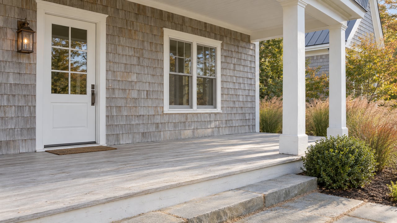 Cedar-shingled house porch with a glazed white entry door, paired window, square columns, and stone landing.