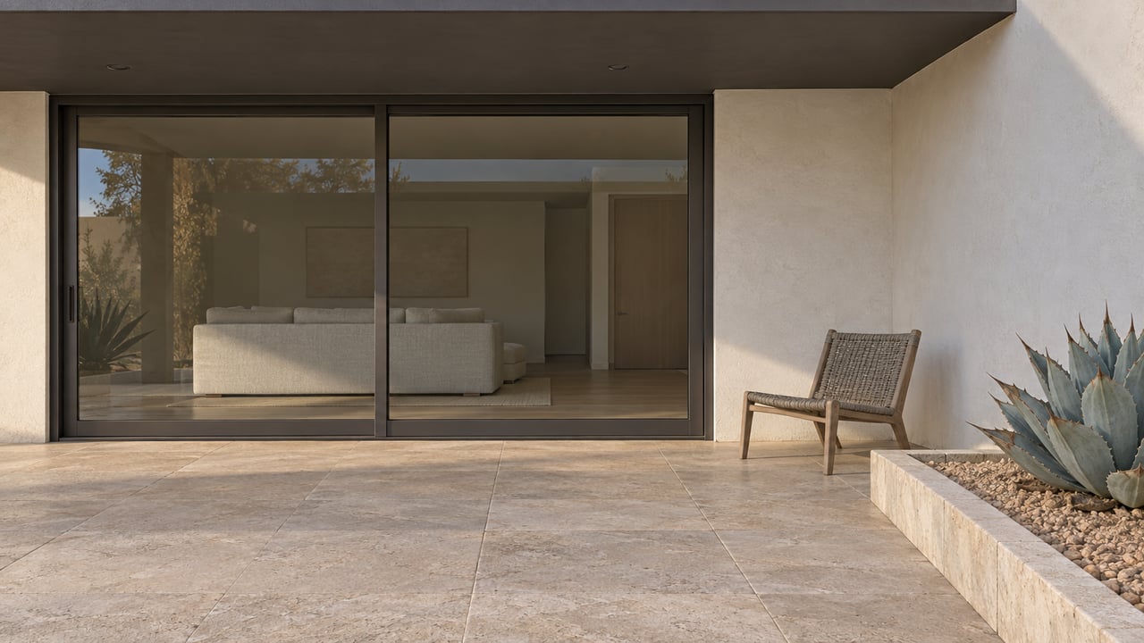 Covered stucco home terrace with bronze-framed glass doors, pale stone paving, an outdoor chair, and a blue-gray agave in a raised limestone-edged bed.