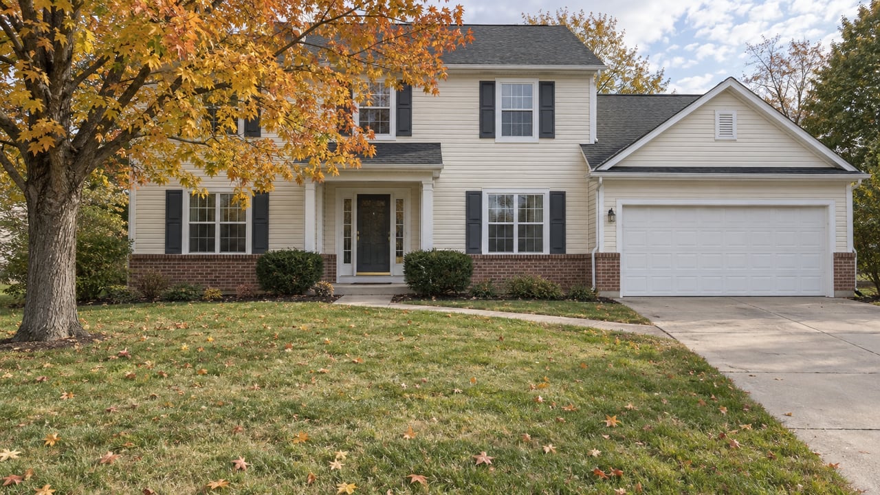Detached two-story house with cream siding, red-brown brick, a white garage, and a yellow-orange autumn tree.