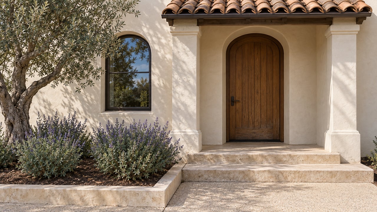 Cream stucco home entry with an arched oak door, glazed arched window, worn limestone steps and a silver-leaved olive tree.