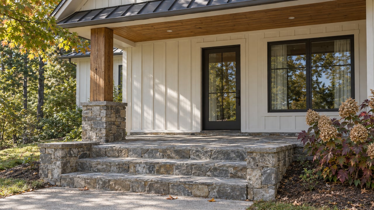 Ivory cottage entry with a timber porch post, sandstone steps and oakleaf hydrangeas in autumn light.