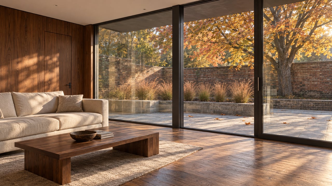 Sunlit living room with walnut paneling, oak floors and steel-framed glazing overlooking an autumn terrace.