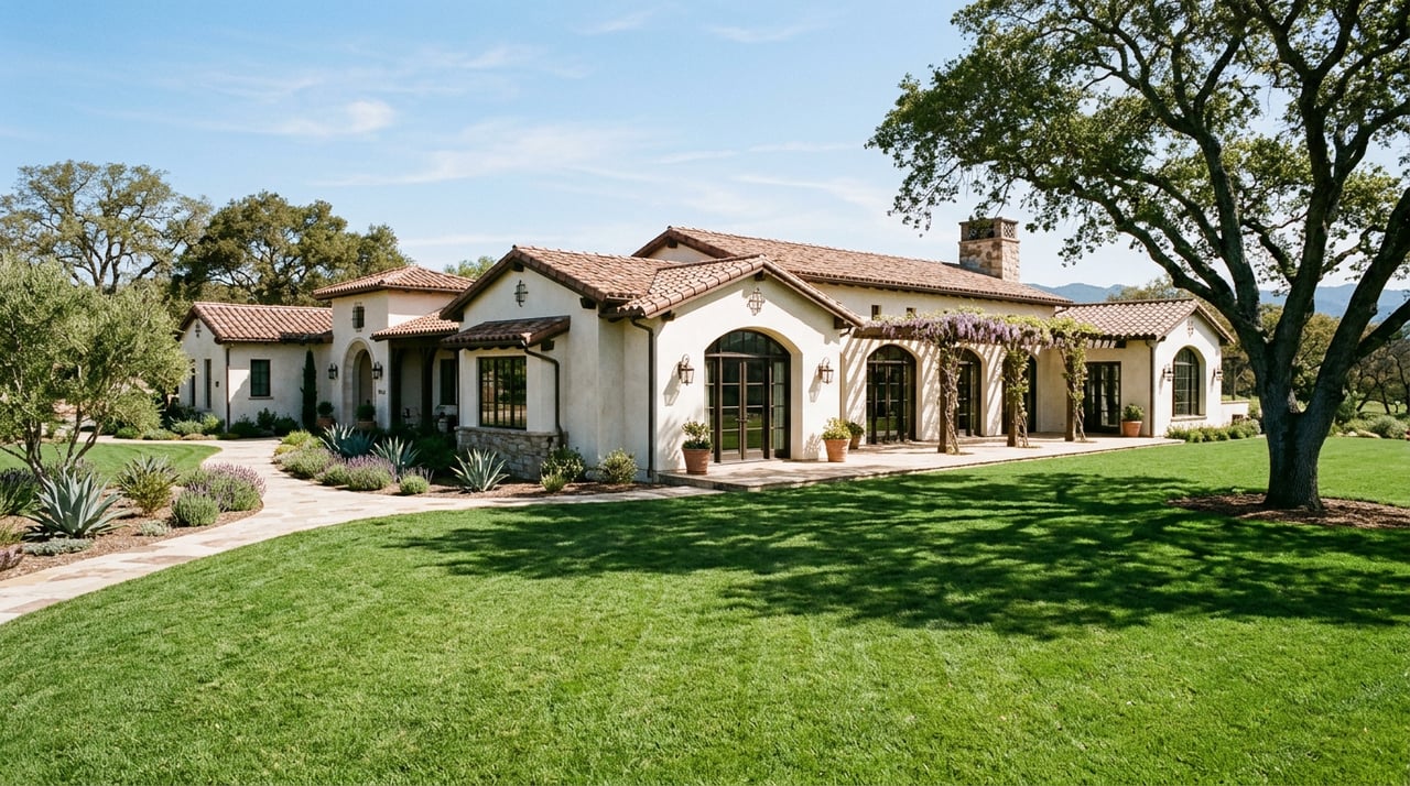 Single-story Mediterranean estate beyond a broad lawn, with naturalized grasses along the property edge and a canopy tree.