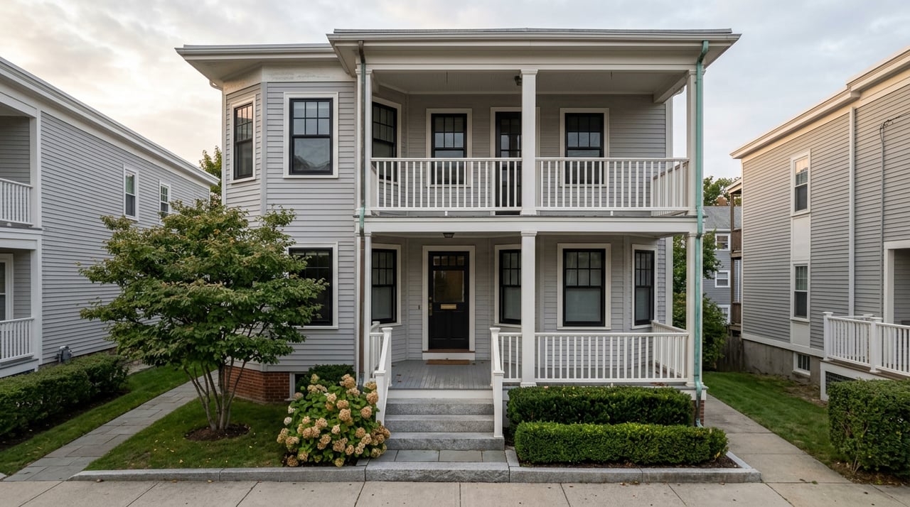 Three-story gray clapboard residence with stacked porches, granite steps, a serviceberry tree, and hydrangeas.