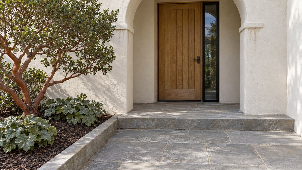 Warm stucco arched entry with an oak door, gray stone steps and a sculptural manzanita in a bordered planting bed.