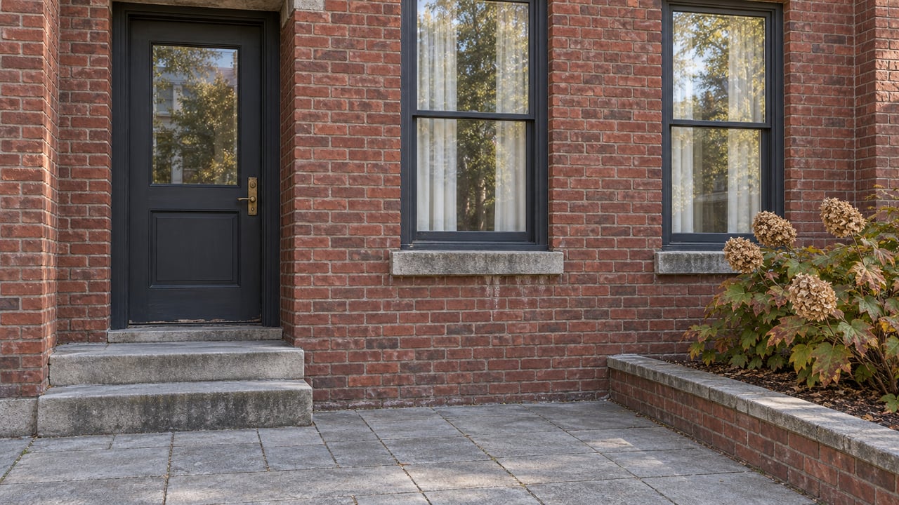 Red brick home entrance and two sash windows above worn stone steps and a small oakleaf hydrangea bed.