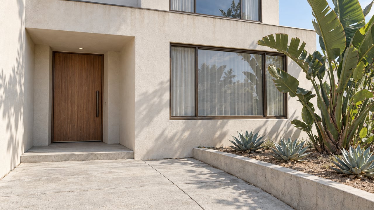 Ivory stucco home with bronze-framed windows, a recessed oak entry door, and a concrete-edged bed of bird-of-paradise and succulent plants.