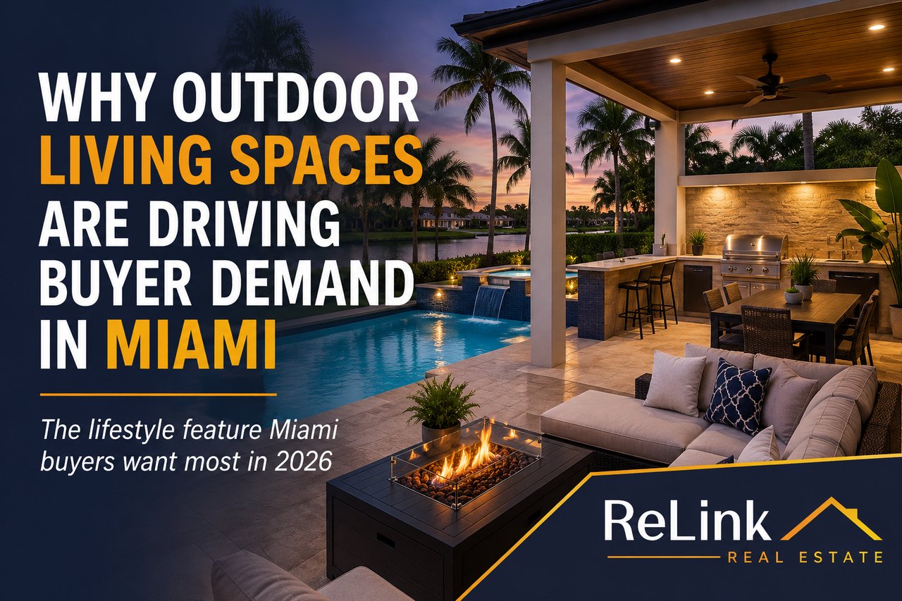 Luxury Miami outdoor living space with pool, covered patio, and entertaining area highlighting a top homebuyer trend in 2026.