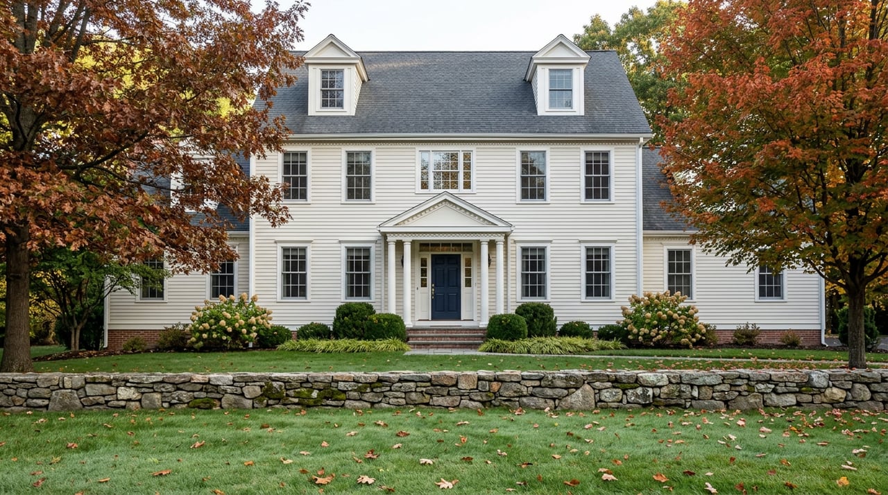 Symmetrical Colonial home with a columned portico, dormers, stone wall, and russet and orange autumn trees.