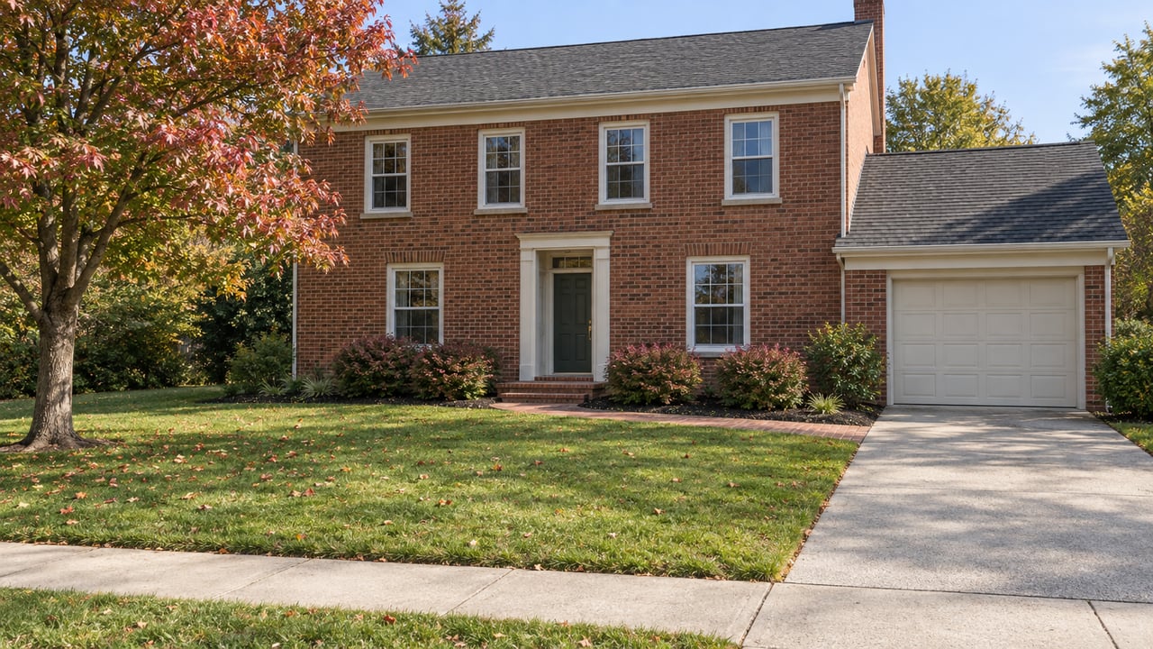A well-kept two-story brick house behind a deep autumn lawn, with a concrete driveway and red maple at the yard’s edge.